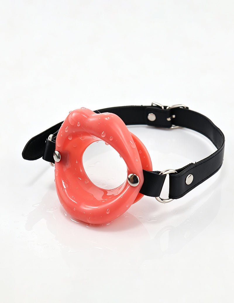Black ring gag collar with glossy red mouth ring and adjustable buckle