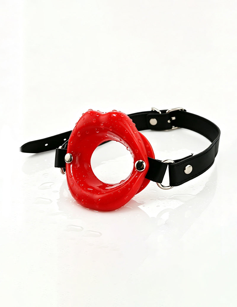 Red mouth ring gag choker with black PU straps and metal adjustment holes