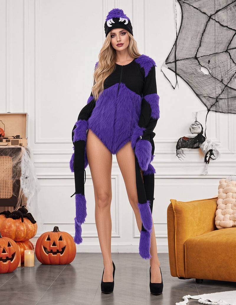 Purple and black spider costume bodysuit with matching hat and faux-fur accents