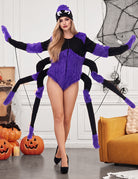 Spider costume bodysuit with purple faux-fur spider legs and matching hat