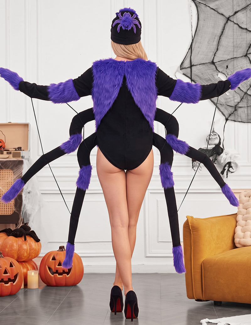 Back view spider costume bodysuit with purple faux-fur accents and matching hat