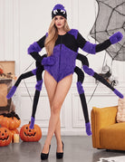 Spider costume bodysuit in black with purple faux-fur spider legs and matching hat