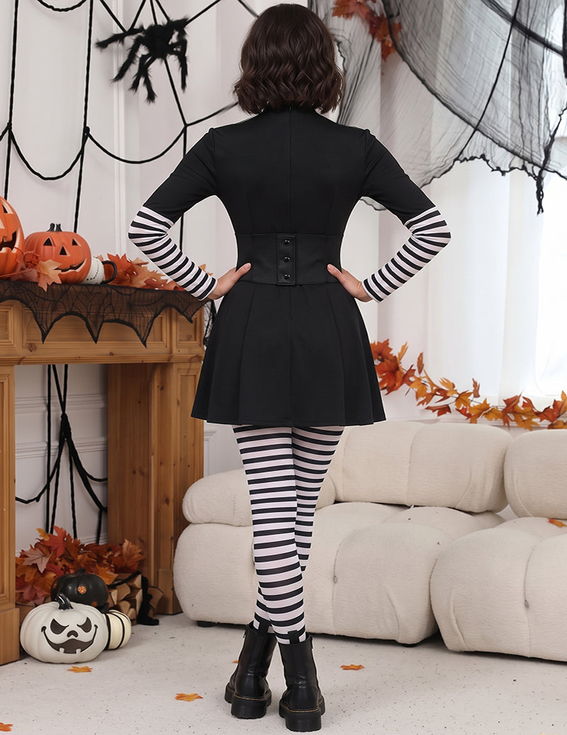 Black gothic mini dress back view with corset belt, striped tights, and striped sleeves