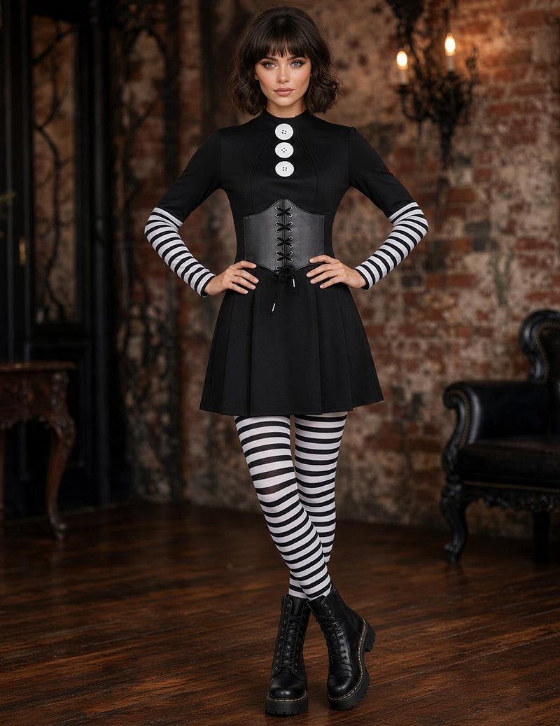 Black gothic mini dress with buttoned corset bodice, striped tights, and lace-up boots