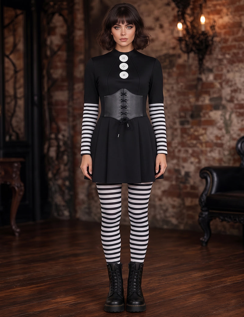 Gothic Marionette Puppet Cosplay Dress Set with Corset Belt and Striped Tights - Black