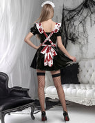 Vampire Maid Cosplay Dress Set with Blood Splatter Apron and Headpiece - Black