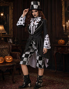 Cosplay costume set: black striped jacket, checkered front panels, bow tie, top hat