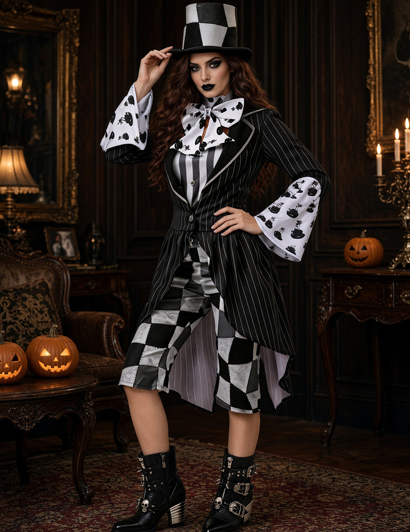 Cosplay costume set: back view of black striped coat with checkered hem, top hat