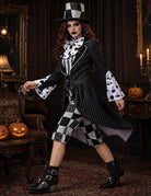 Cosplay costume set: black striped coat, checkered front, white bow tie, top hat and pants