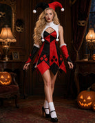 Clown cosplay dress with white ruffled collar, red/black diamond flare skirt and arm covers