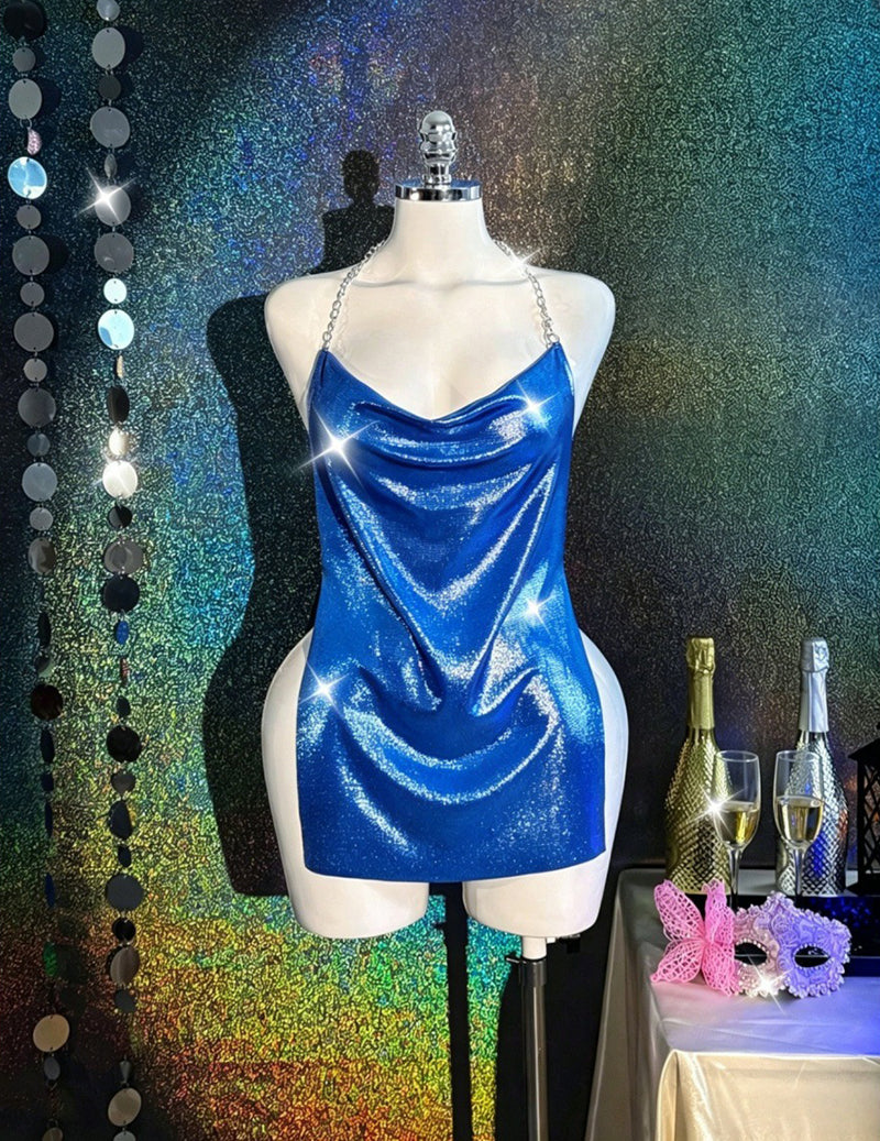 Holographic Metallic Bodycon Mini Dress Rave Festival Wear - Blue