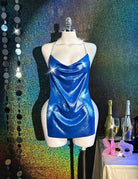 Blue holographic metallic bodycon mini dress on mannequin with cowl neckline and straps