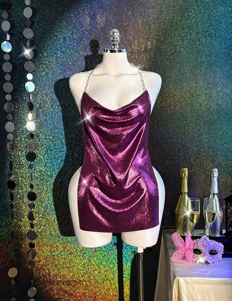 Holographic Metallic Bodycon Mini Dress Rave Festival Wear - Fuchsia