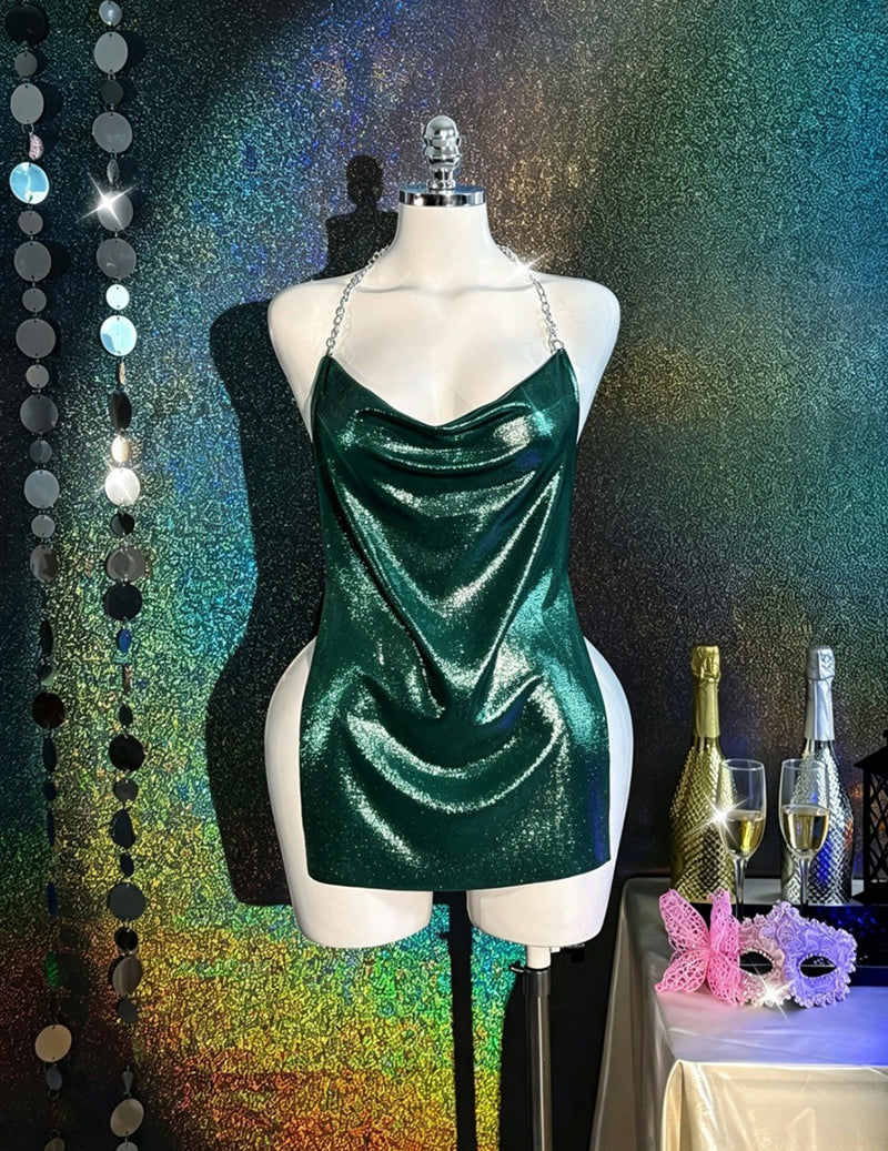 Holographic Metallic Bodycon Mini Dress Rave Festival Wear - Green