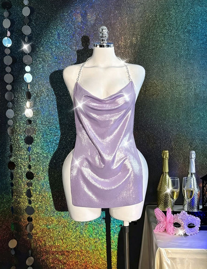 Holographic Metallic Bodycon Mini Dress Rave Festival Wear - Light Purple