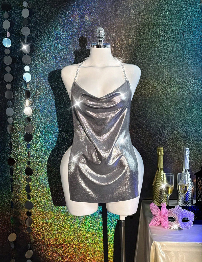 Holographic Metallic Bodycon Mini Dress Rave Festival Wear - Silver