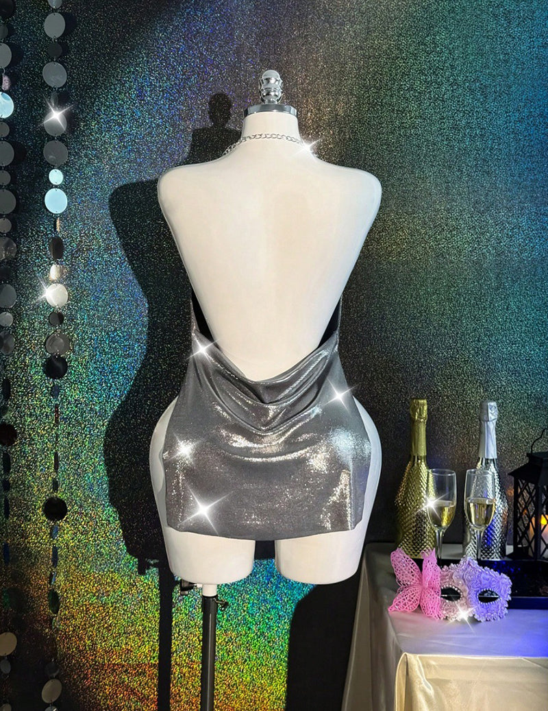 Holographic Metallic Bodycon Mini Dress Rave Festival Wear - Silver