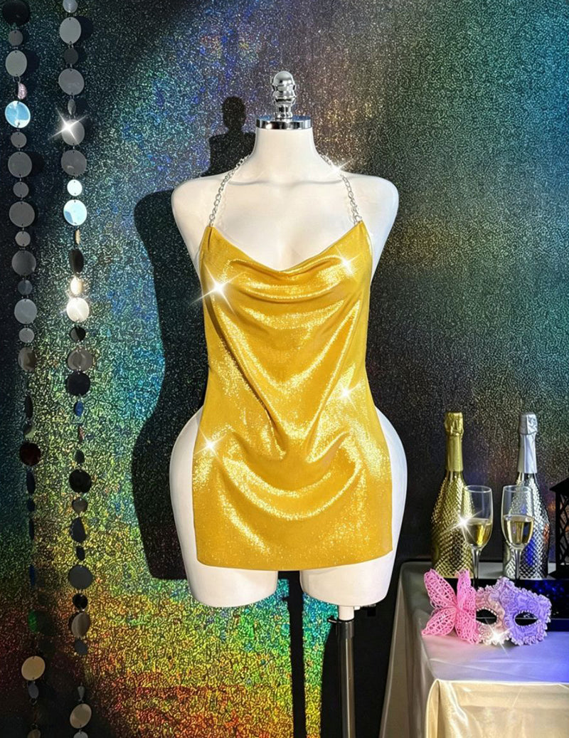 Holographic Metallic Bodycon Mini Dress Rave Festival Wear - Yellow