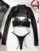 Black sheer lace-up bra set with long-sleeve top and thong, ribbon lace details