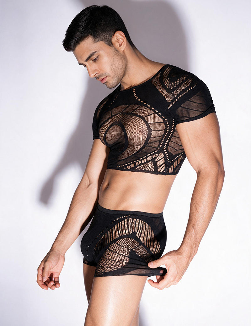 Men's sheer mesh crop top and shorts set, black sheer top and shorts with curved panel detail