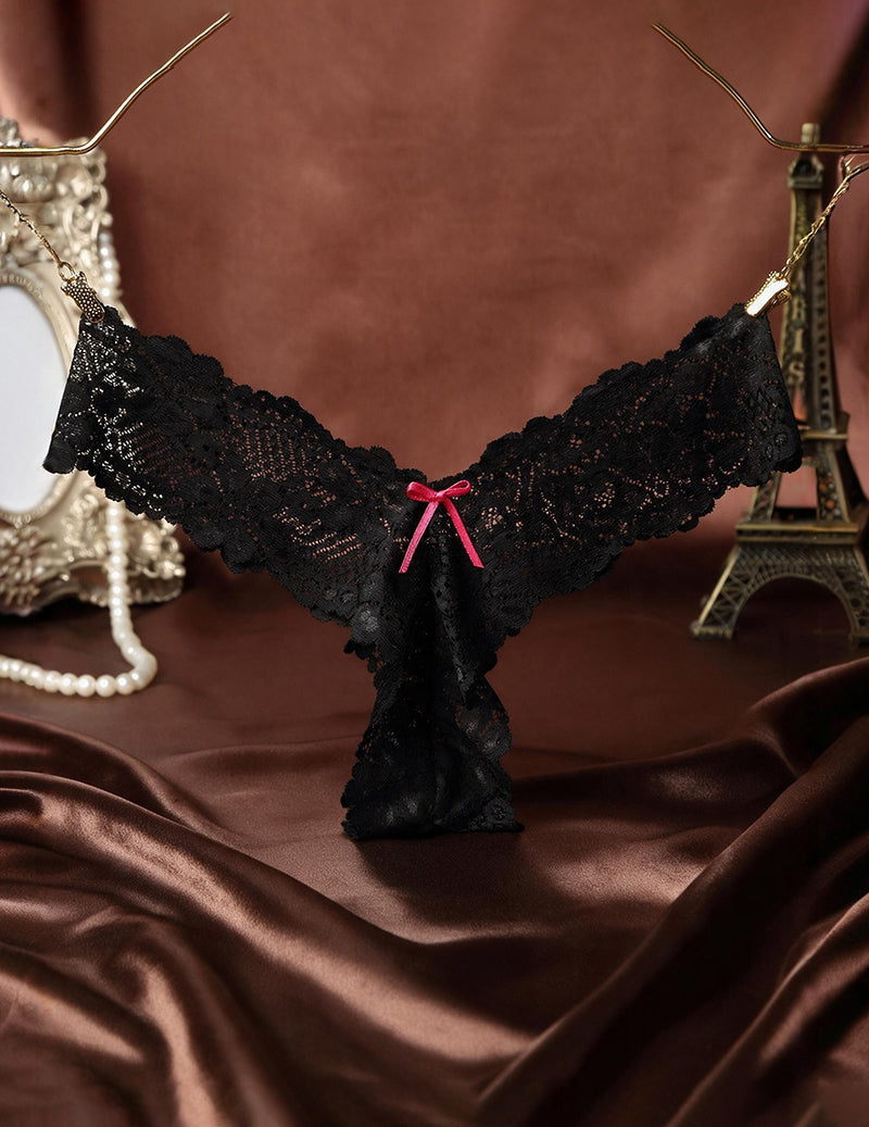 Sheer Floral Lace Thong with Satin Bow and Scalloped Trim