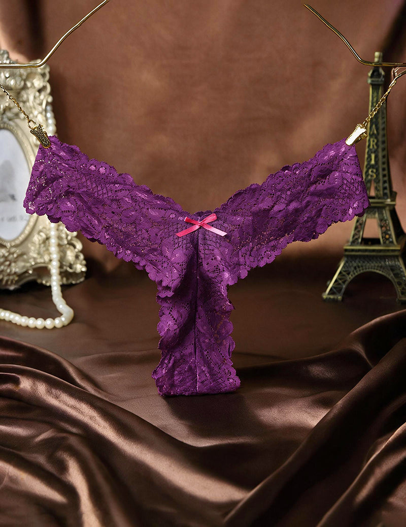 Purple sheer floral lace thong with satin bow and scalloped trim