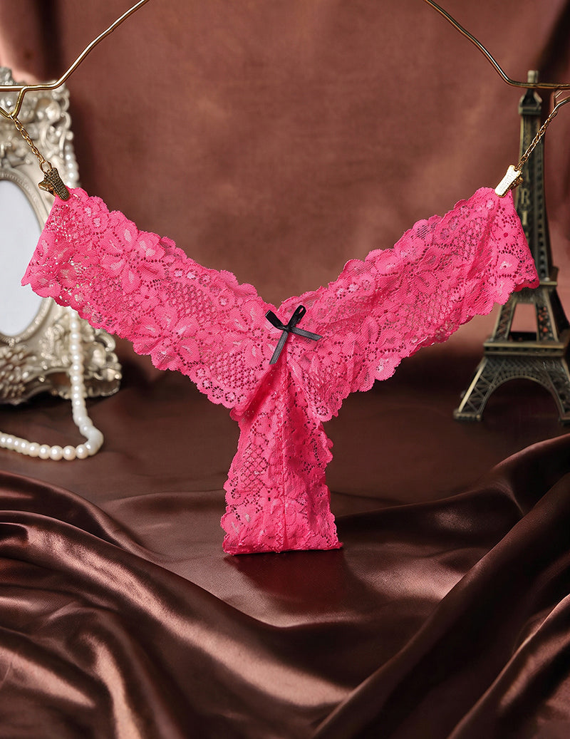 Pink sheer floral lace thong with satin bow and scalloped trim
