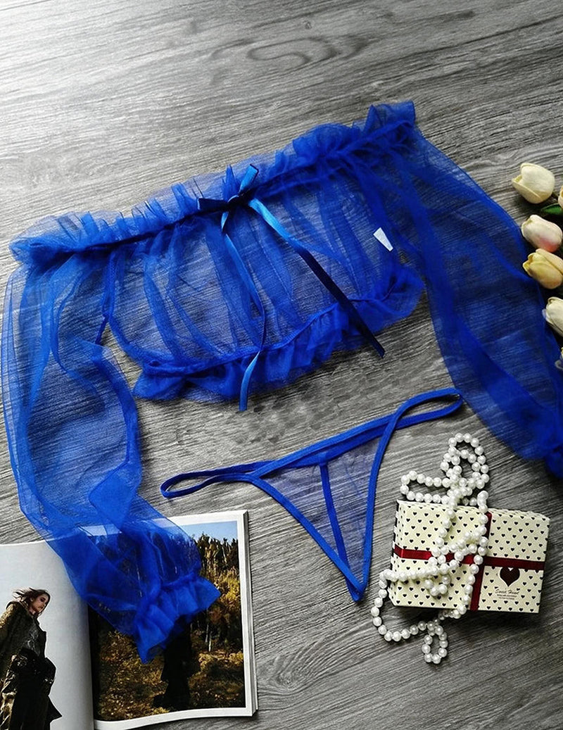 Blue sheer off-shoulder crop top and matching crotchless thong set, flat lay