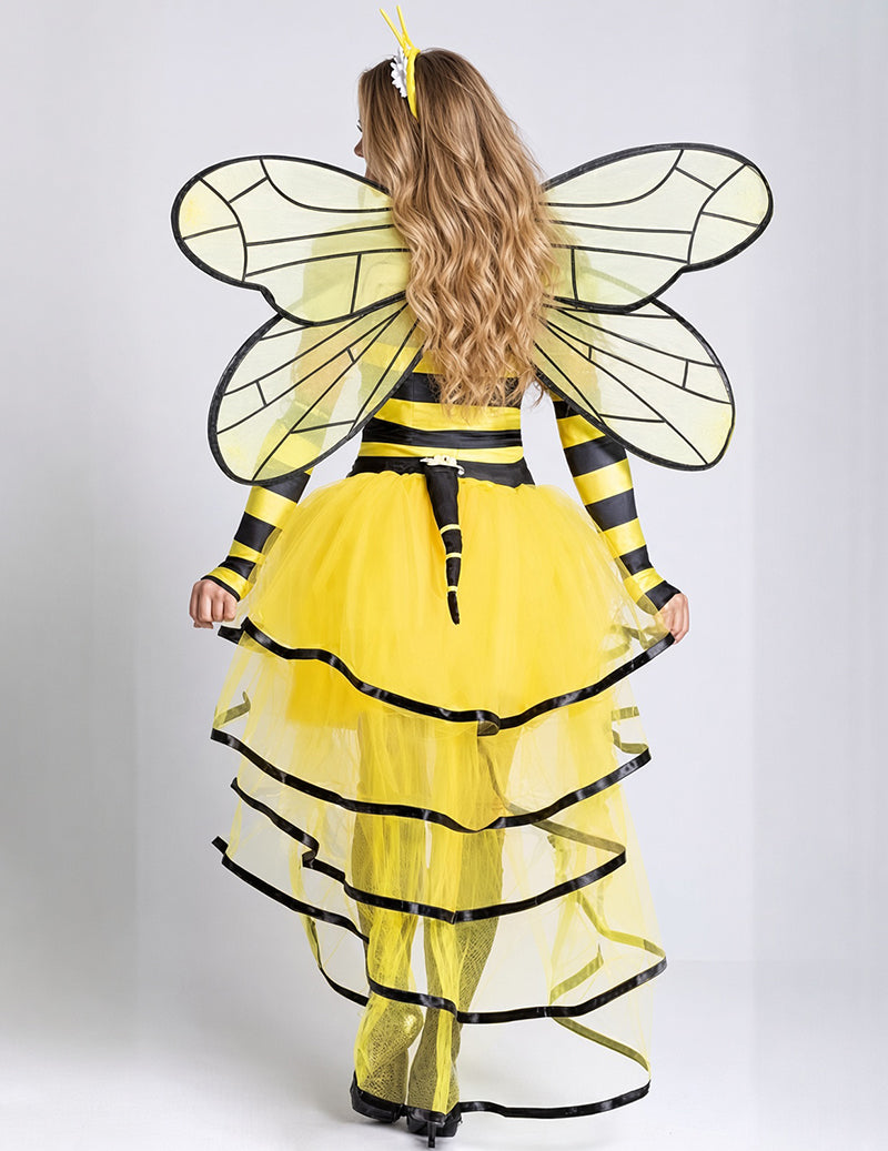Yellow bee fairy dress costume with black striped bodice and tiered tulle skirt, back wings