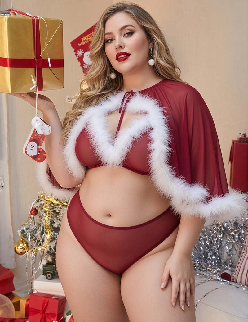 Wine-red sheer bra and panty set with long capelet sleeves and white faux-fur trim