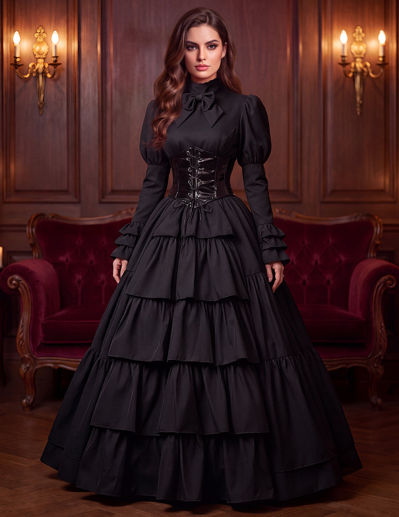 Black tiered maxi gown with puff sleeves and lace-up waist cincher