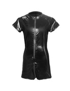Men Patent Leather Mesh Panel Zip Front Short Romper