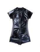 Men Patent Leather Mesh Panel Zip Front Short Romper