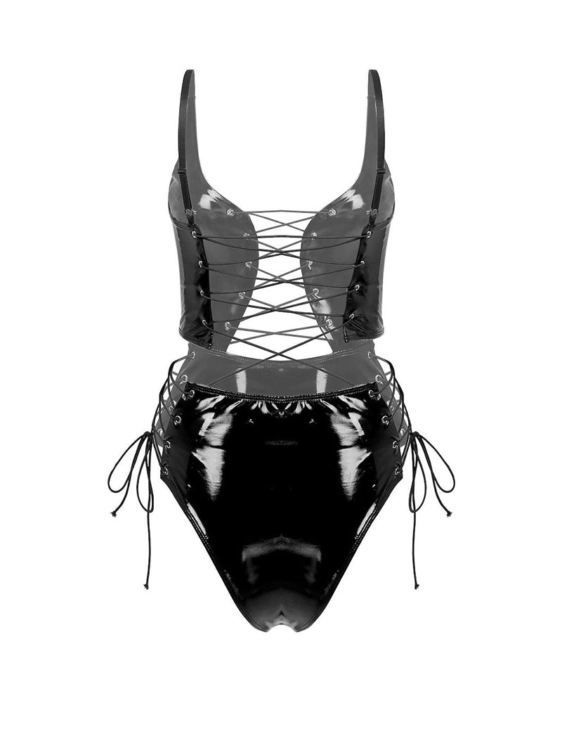 Patent Leather Lace-Up Plunge Bodysuit