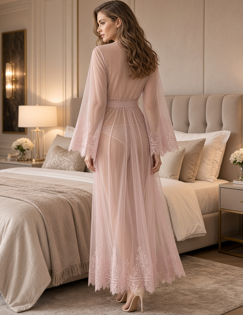 Mauve sheer mesh robe with lace hem and lace sleeves; matching thong lingerie set