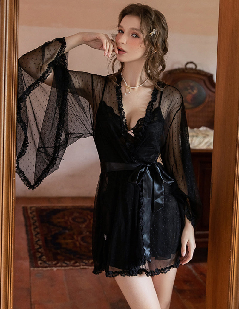 Satin Lace Chemise with Polka Dot Sheer Robe Set