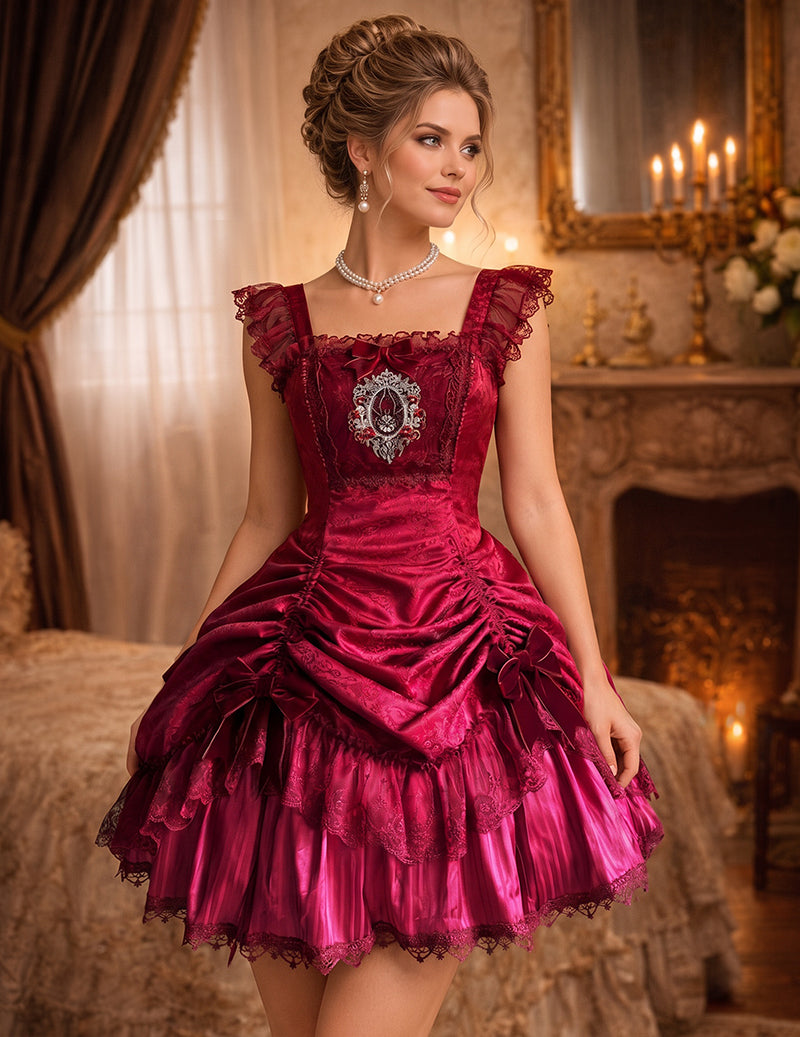 Wine red square-neck mini dress with ruffled lace neckline and layered lace skirt