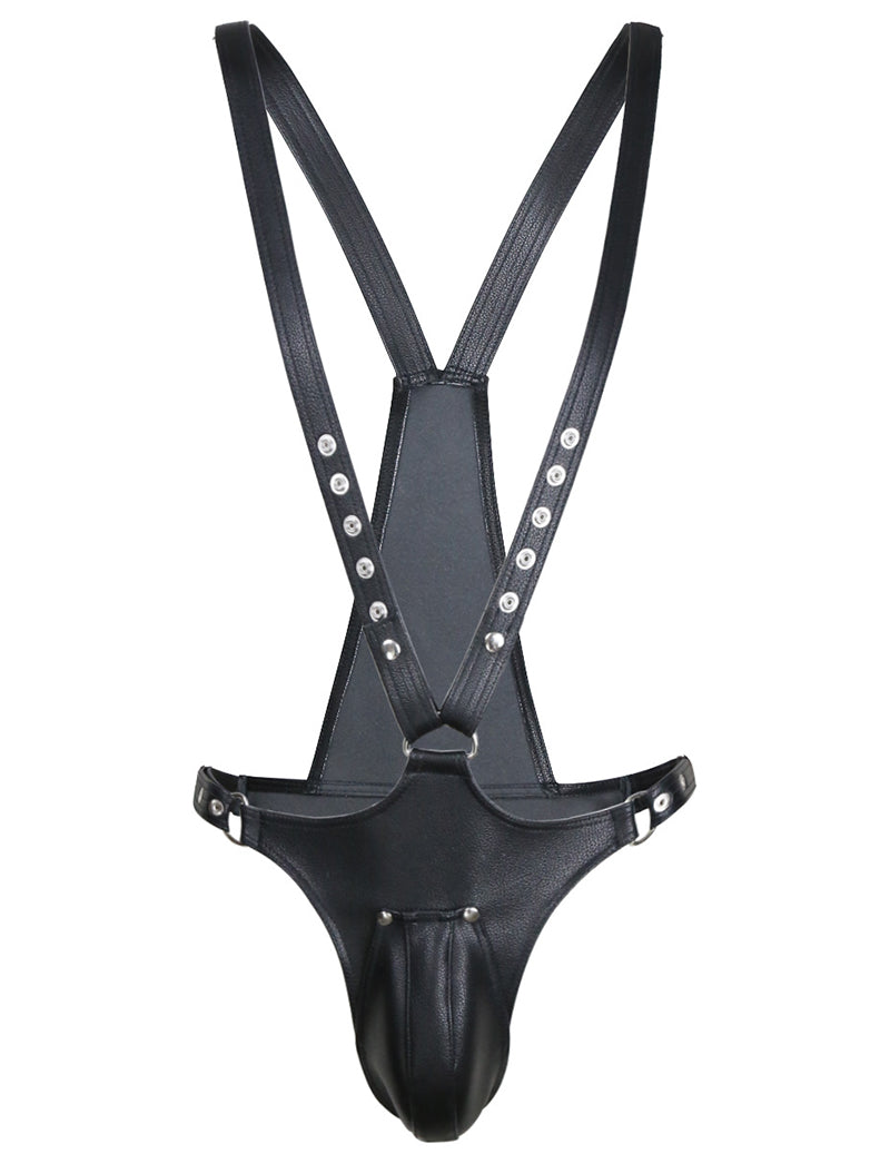 Black PU leather body harness with studded straps, D-ring details, and front pouch