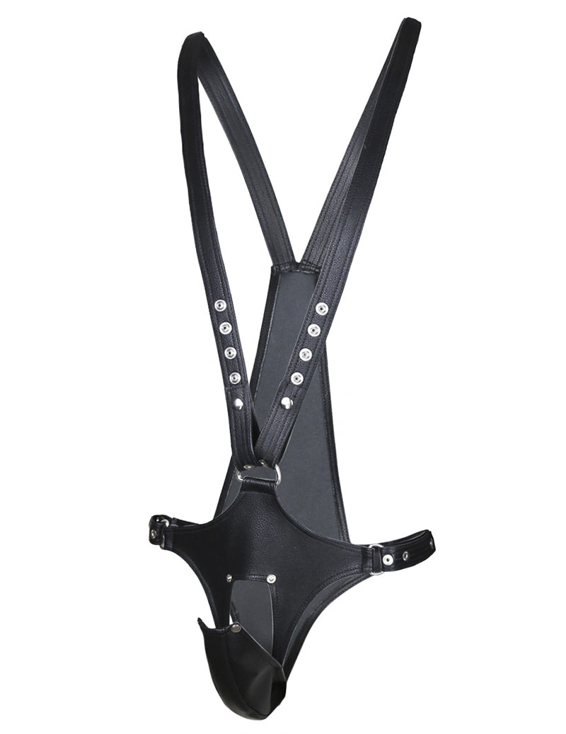 Black PU leather body harness with studded straps and front pouch, adjustable waistband