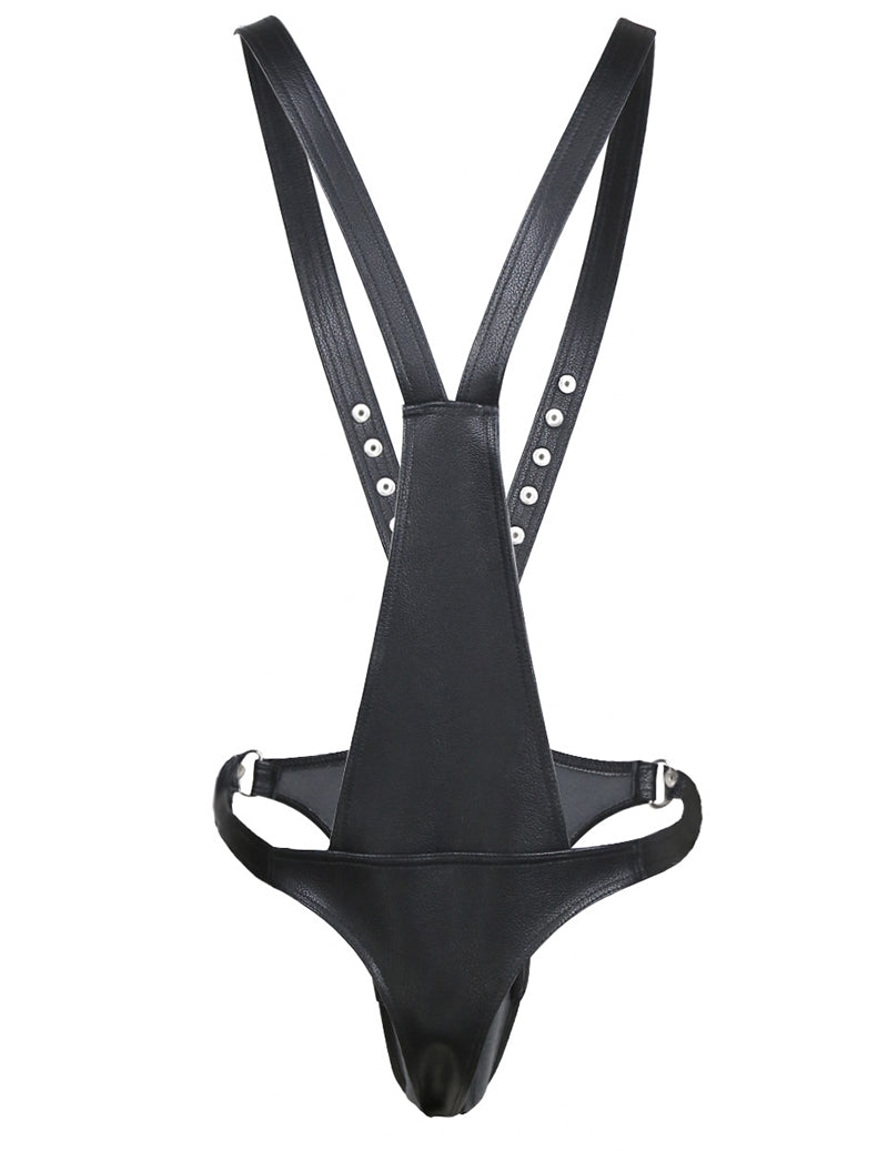 Black PU leather body harness with high-cut straps, studded sides, and front pouch