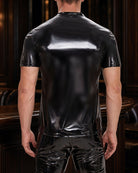 Men's glossy black crew neck T-shirt, back view