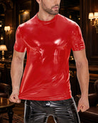 Men's glossy red short-sleeve crew neck T-shirt, front view
