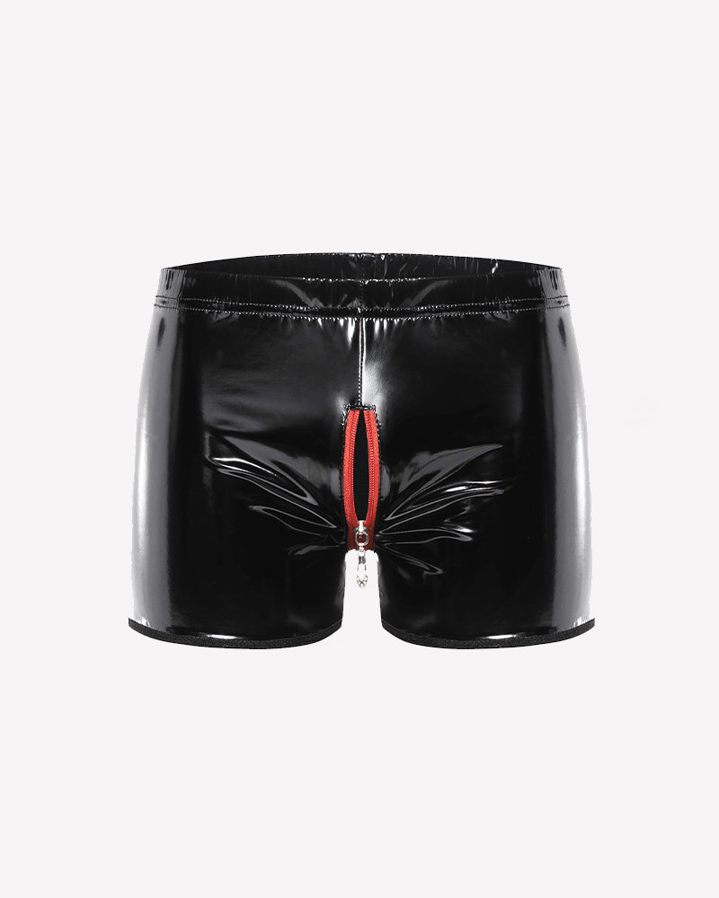 Men Glossy Zip Front Crotchless Boxer Briefs