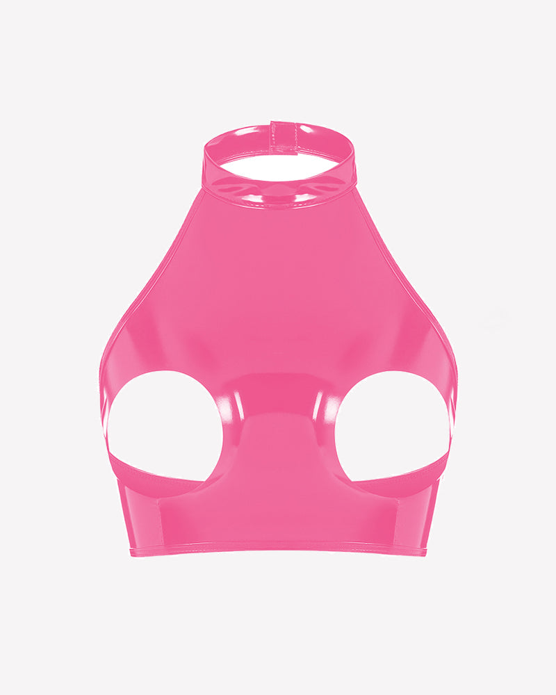 Glossy Halter Neck Cupless Crop Top