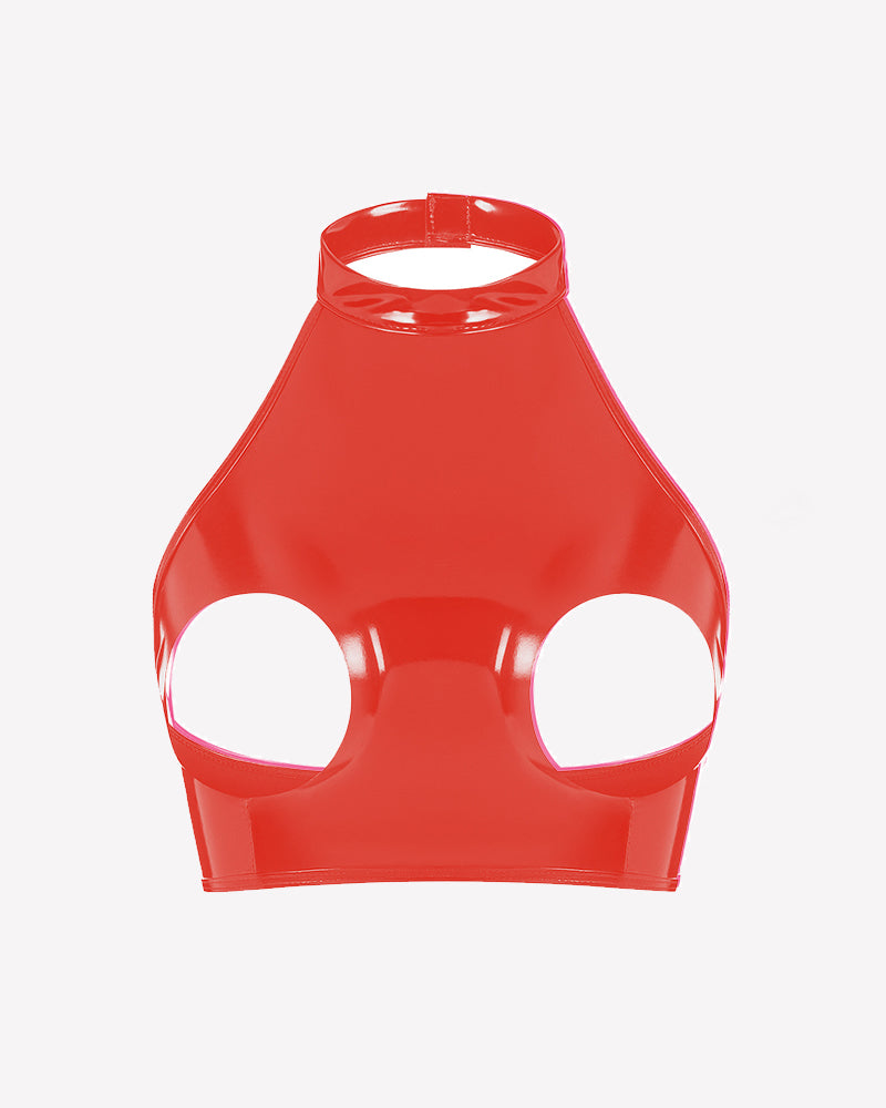 Glossy Halter Neck Cupless Crop Top