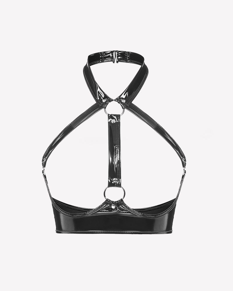 Glossy Halter Harness Bra with Metal Rings