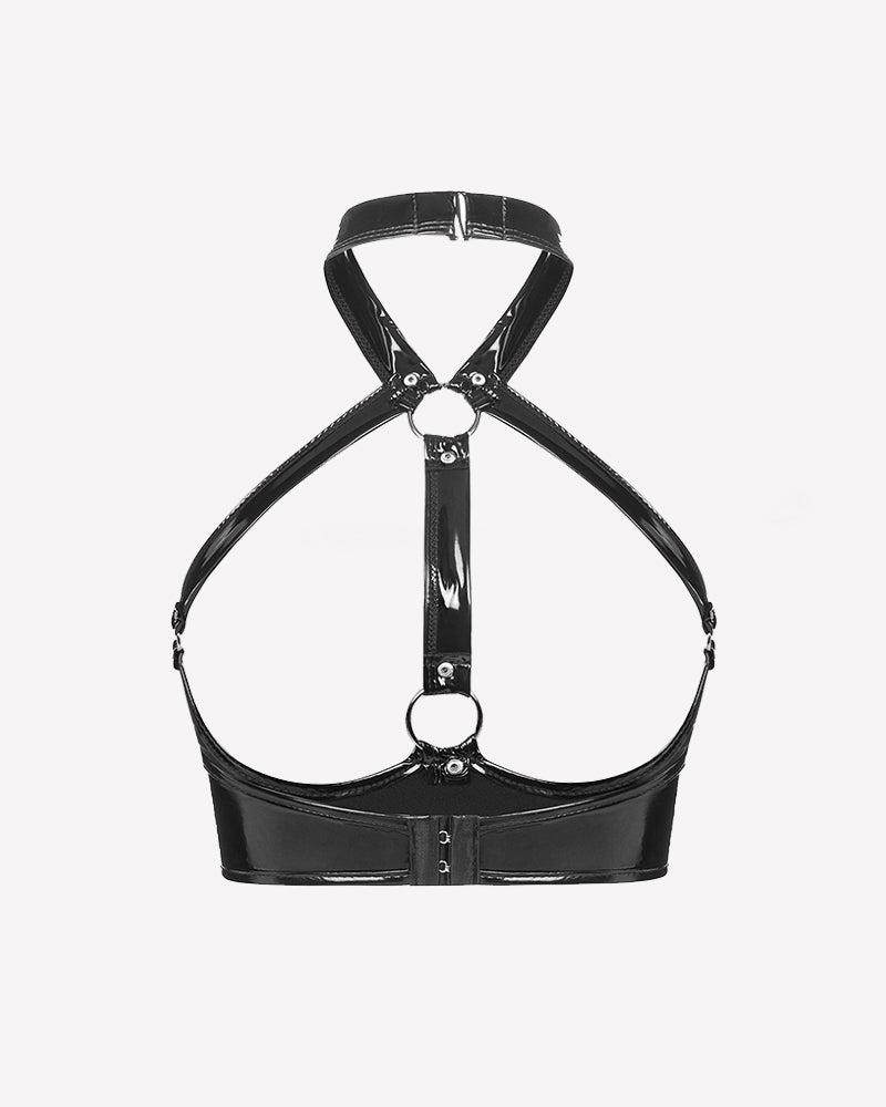 Glossy Halter Harness Bra with Metal Rings