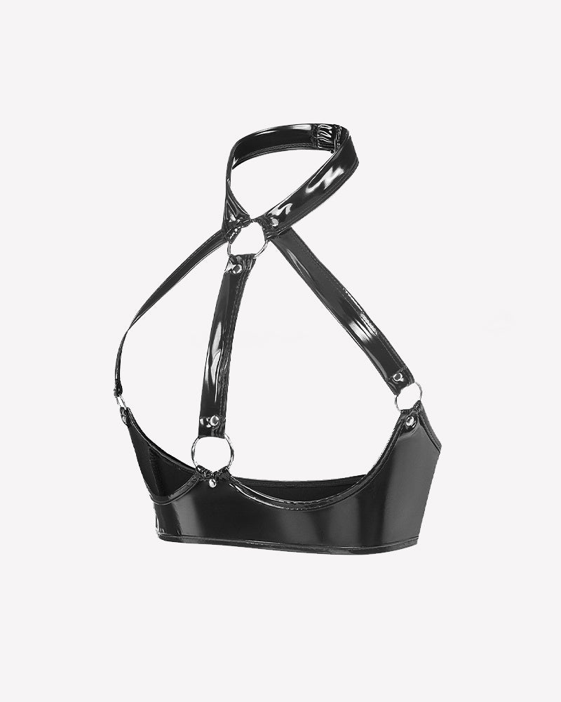 Glossy Halter Harness Bra with Metal Rings