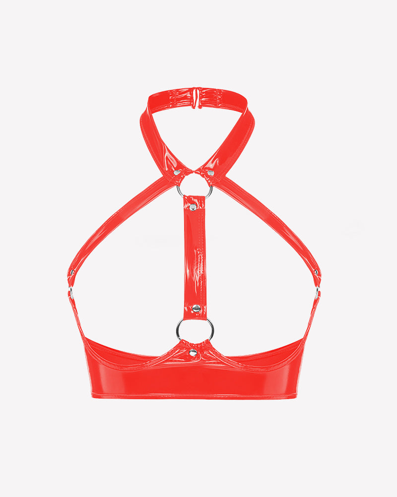 Glossy Halter Harness Bra with Metal Rings