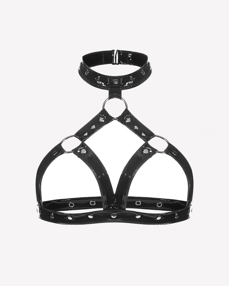 Glossy Halter Neck Cupless Harness Bra